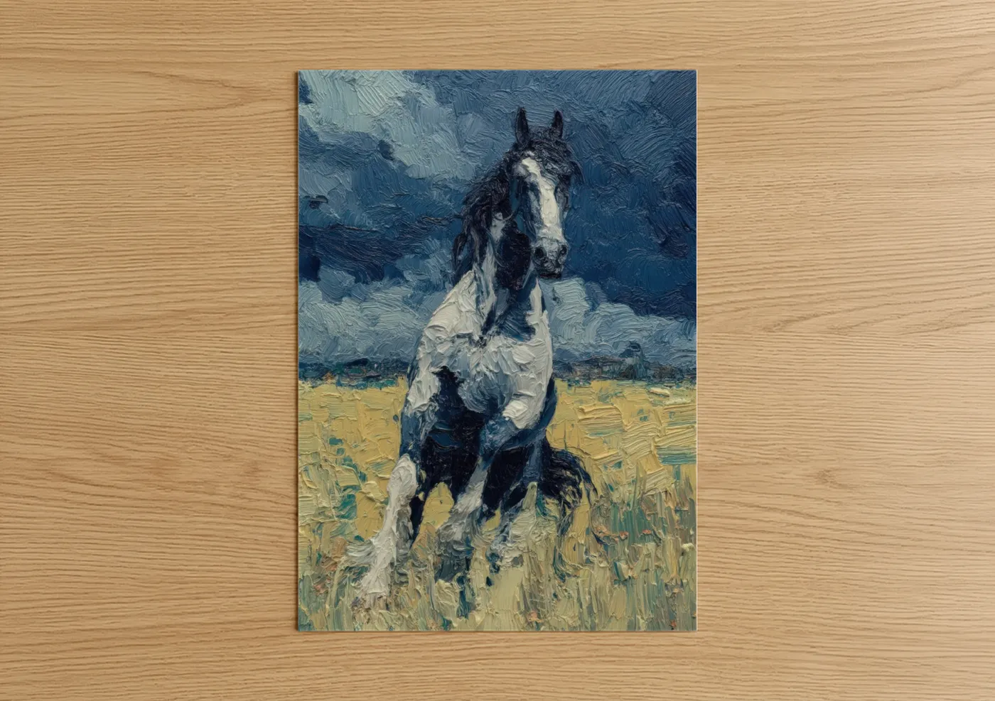 Friesian horse art print on warm oak wood — blue and gold palette — Galloping Friesian poster