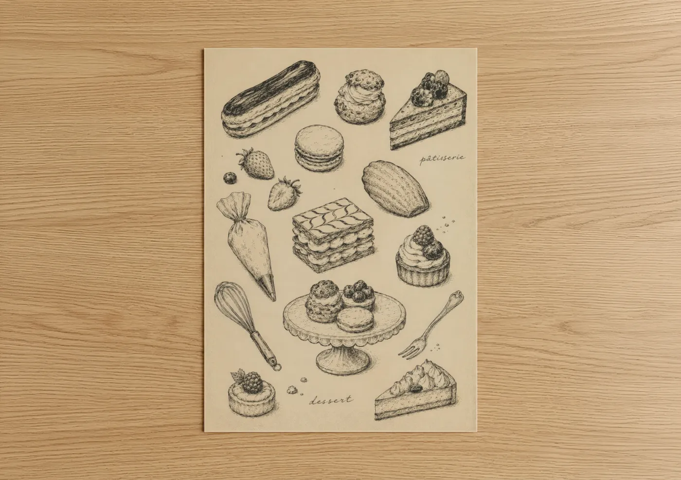 Food art print on warm oak wood — beige and black and white palette — French Pastry Dessert Collection Wall Art poster