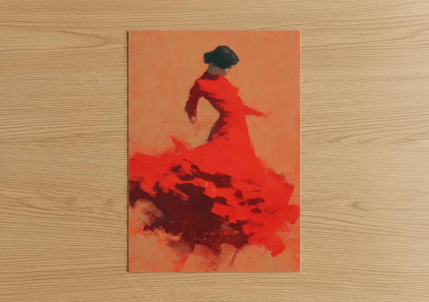 Art print on warm oak wood — red and orange palette — Crimson Flamenco poster