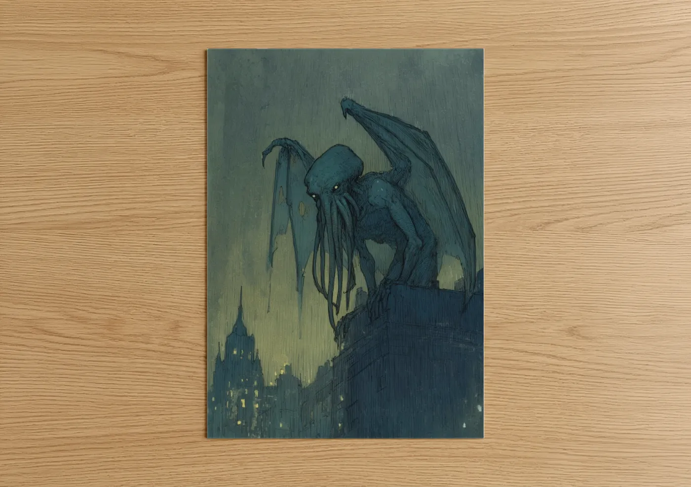 Art print on warm oak wood — dark blue and gray and yellow palette — Stormy Cthulhu poster