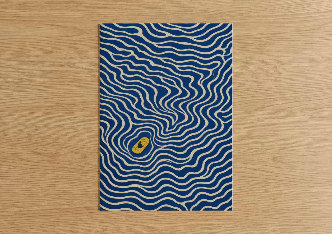 Abstract geometric art print on warm oak wood — royal blue and gold palette — Blue and Gold Geometric Abstract Wall Art poster