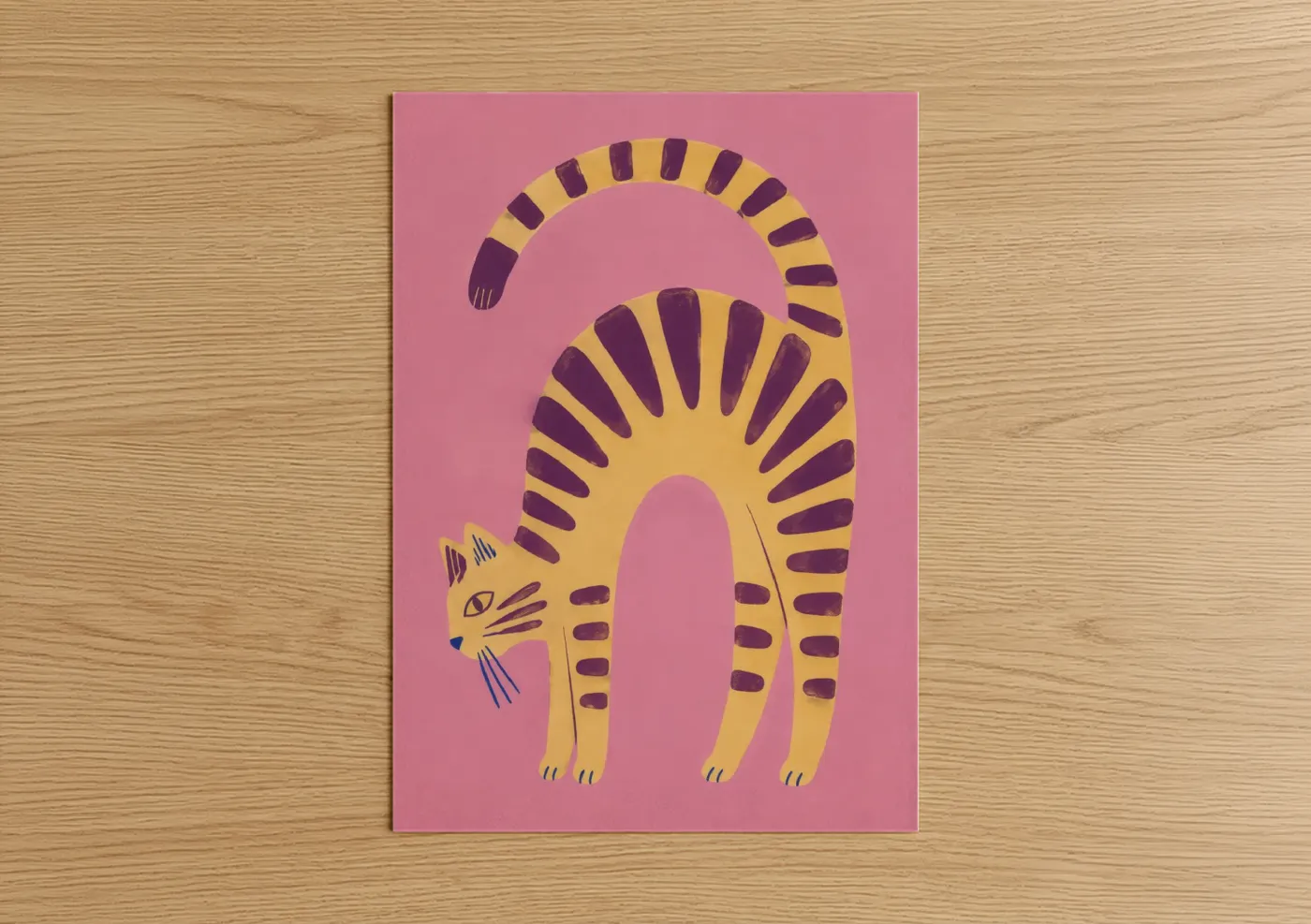 Art print on warm oak wood — pink and yellow palette — Playful Striped Cat Wall Art poster