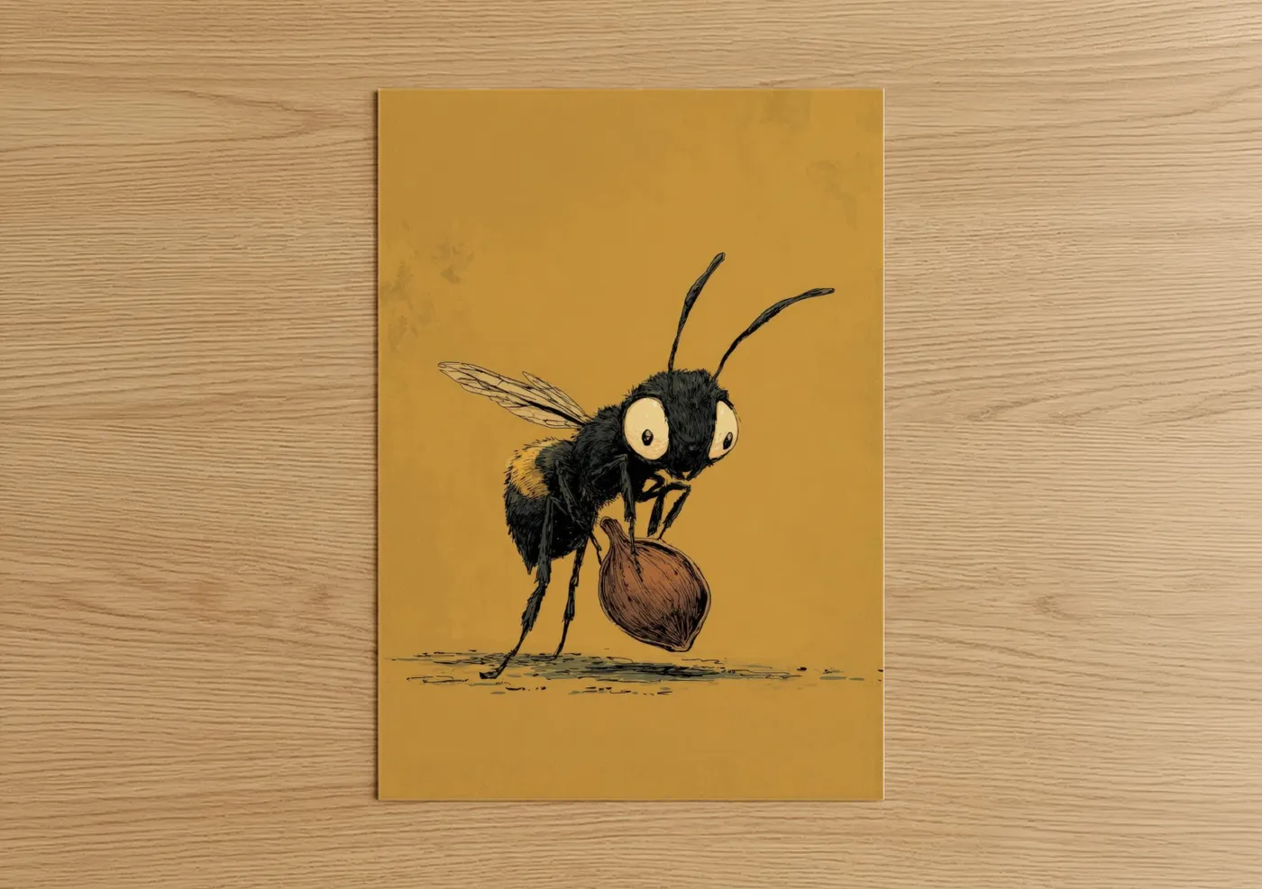 Art print on warm oak wood — yellow gold and black palette — Industrious Bee poster