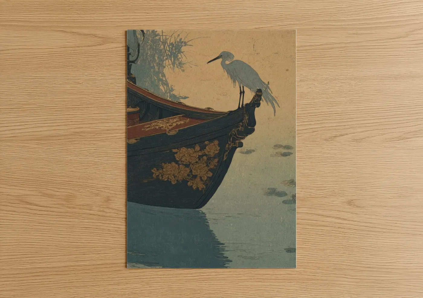 Art print on warm oak wood — blue and gold palette — Heron Gondola poster