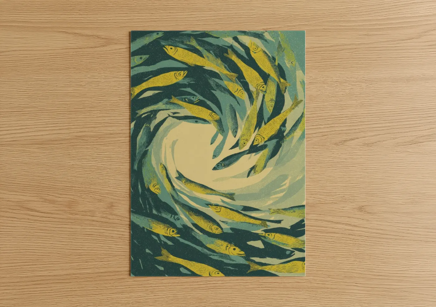 Seafood art print on warm oak wood — teal and yellow gold palette — Yellow Fish Swirl poster