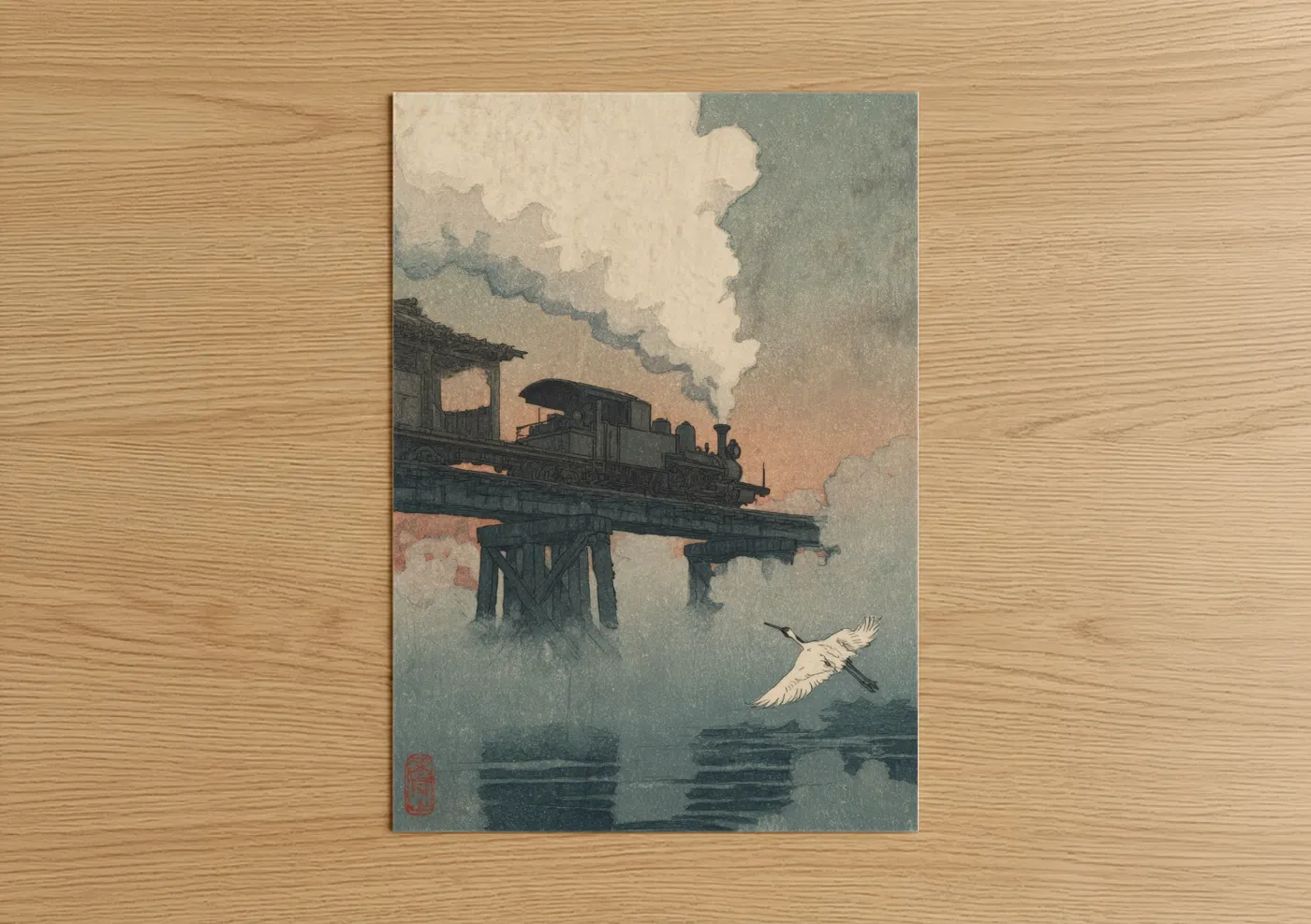 Steam Train Crossing Bridge Japanese Wall Art