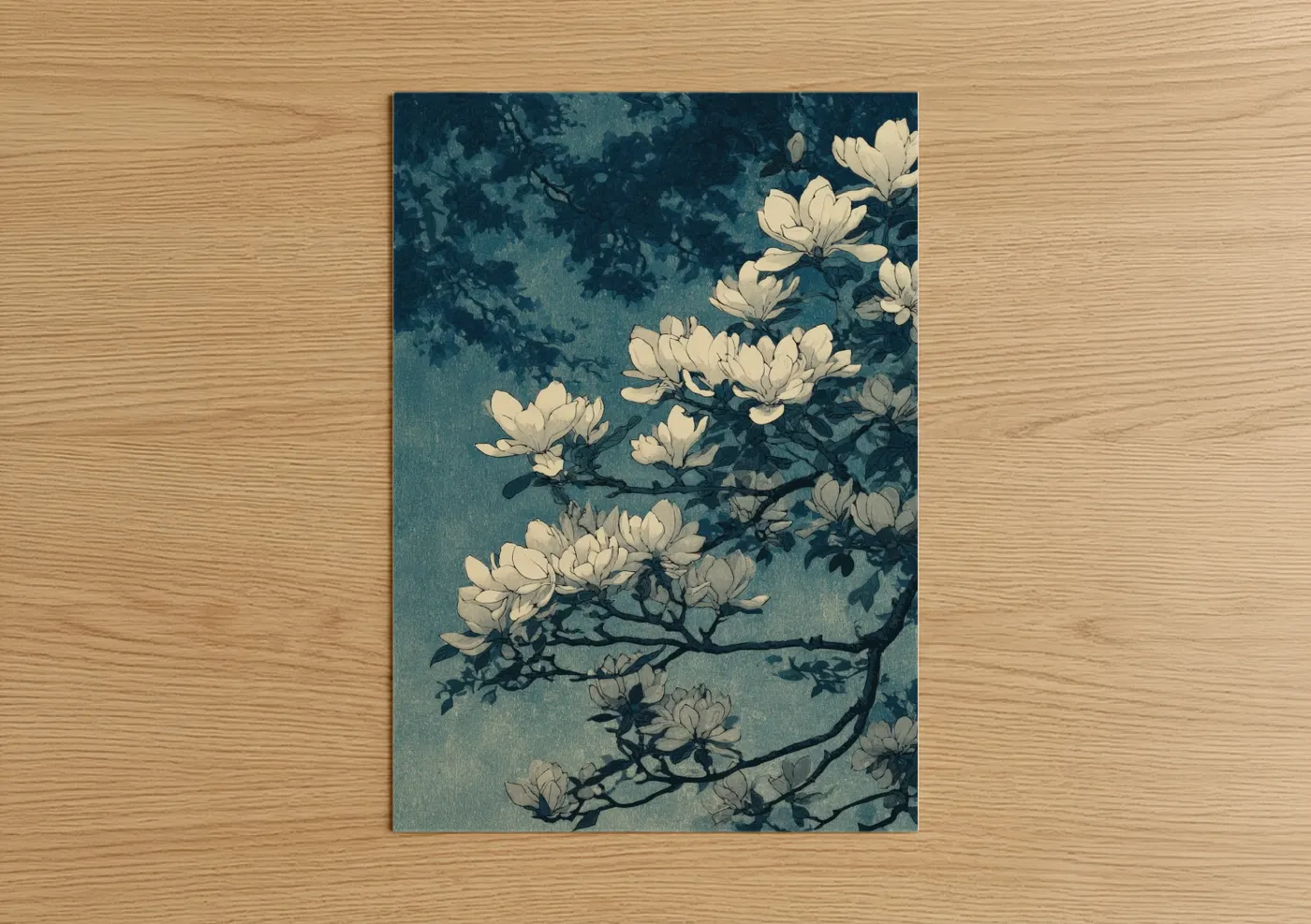 Art print on warm oak wood — dark blue and cream palette — Cream Magnolia poster