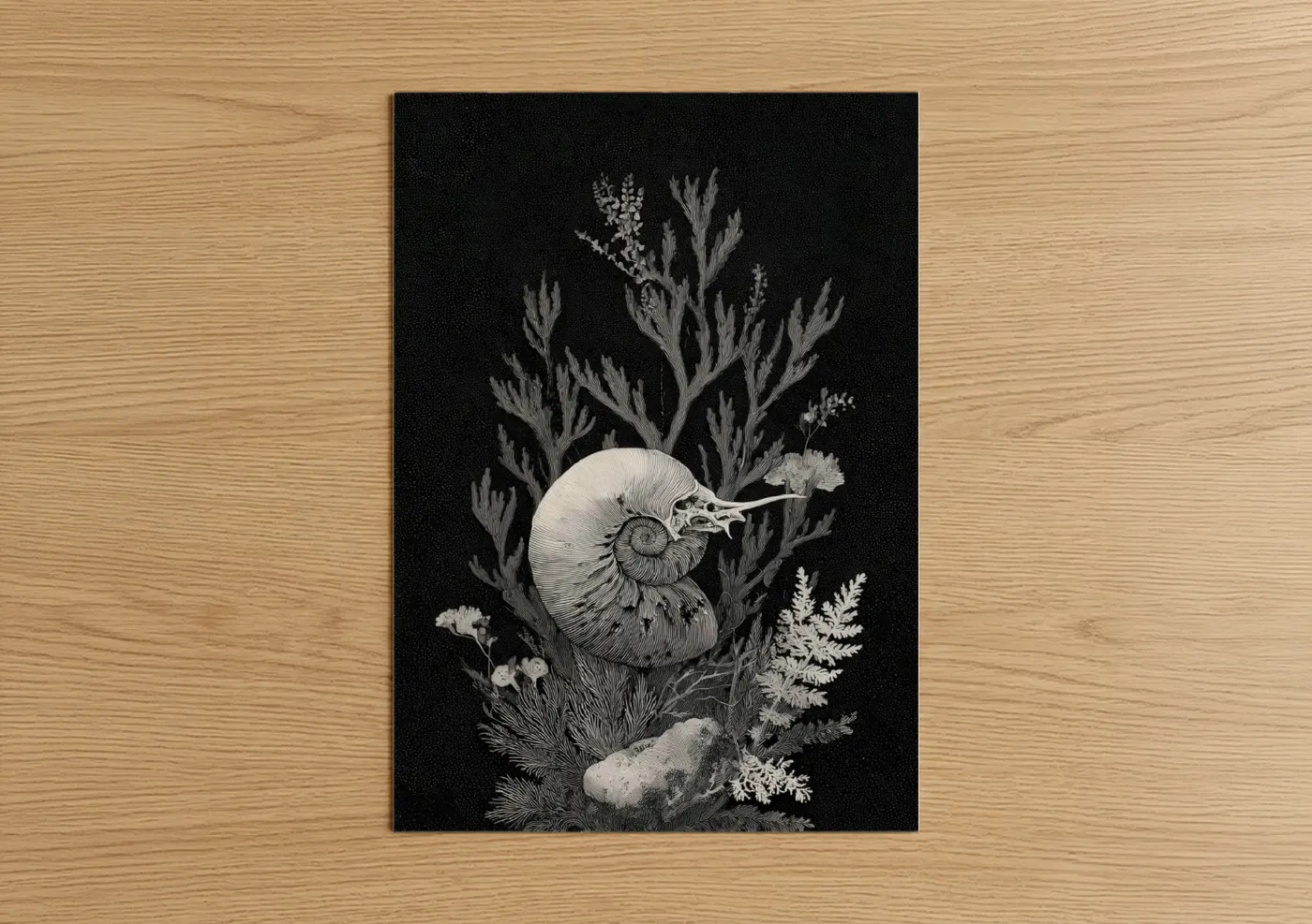 Art print on warm oak wood — black and white and gray palette — Spiral Nautilus poster