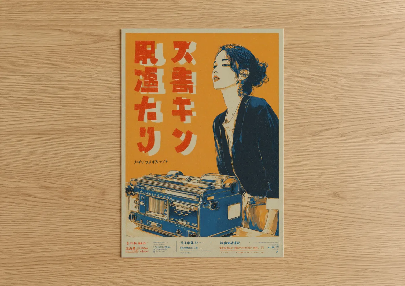 Vintage japanese ads art print on warm oak wood — gold and blue palette — Vintage Japanese Advertisement poster