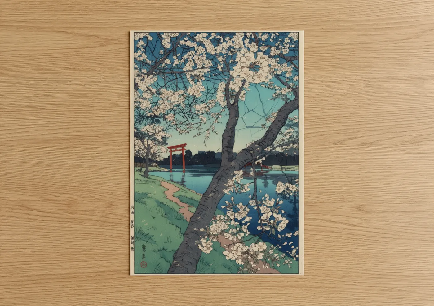 Art print on warm oak wood — blue and cream palette — Lakeside Cherry Blossoms poster