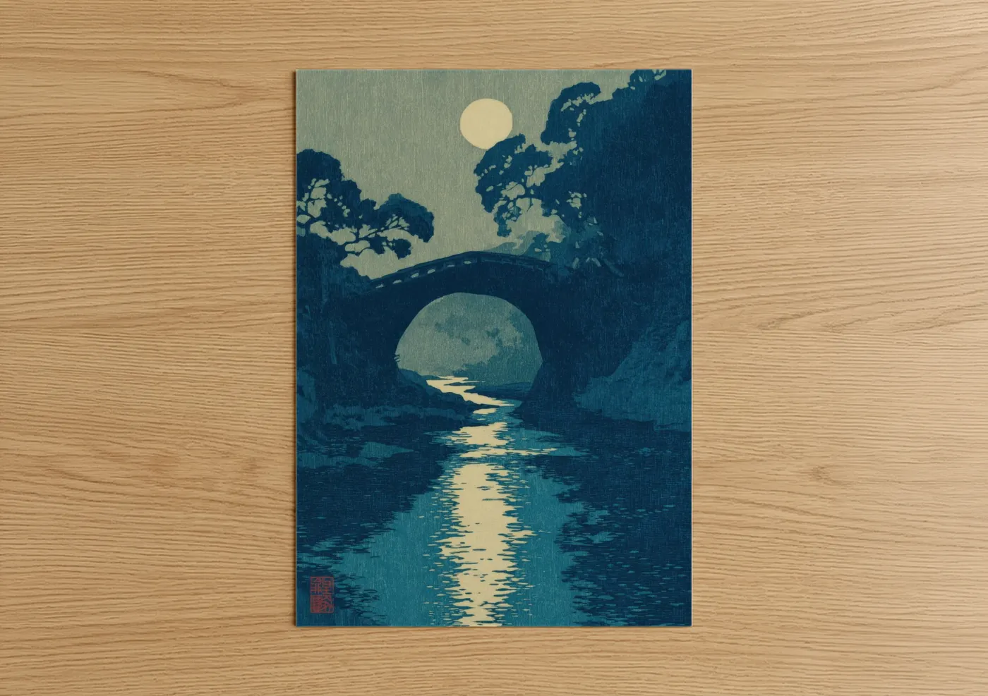 Moonlit River Bridge Japanese Woodblock Wall Art