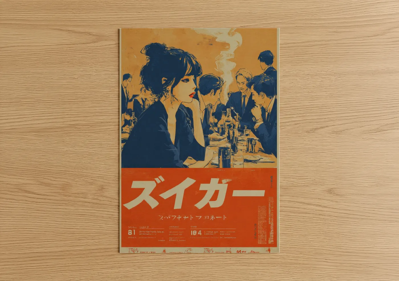 Vintage japanese ads art print on warm oak wood — gold palette — Retro Supper Club poster
