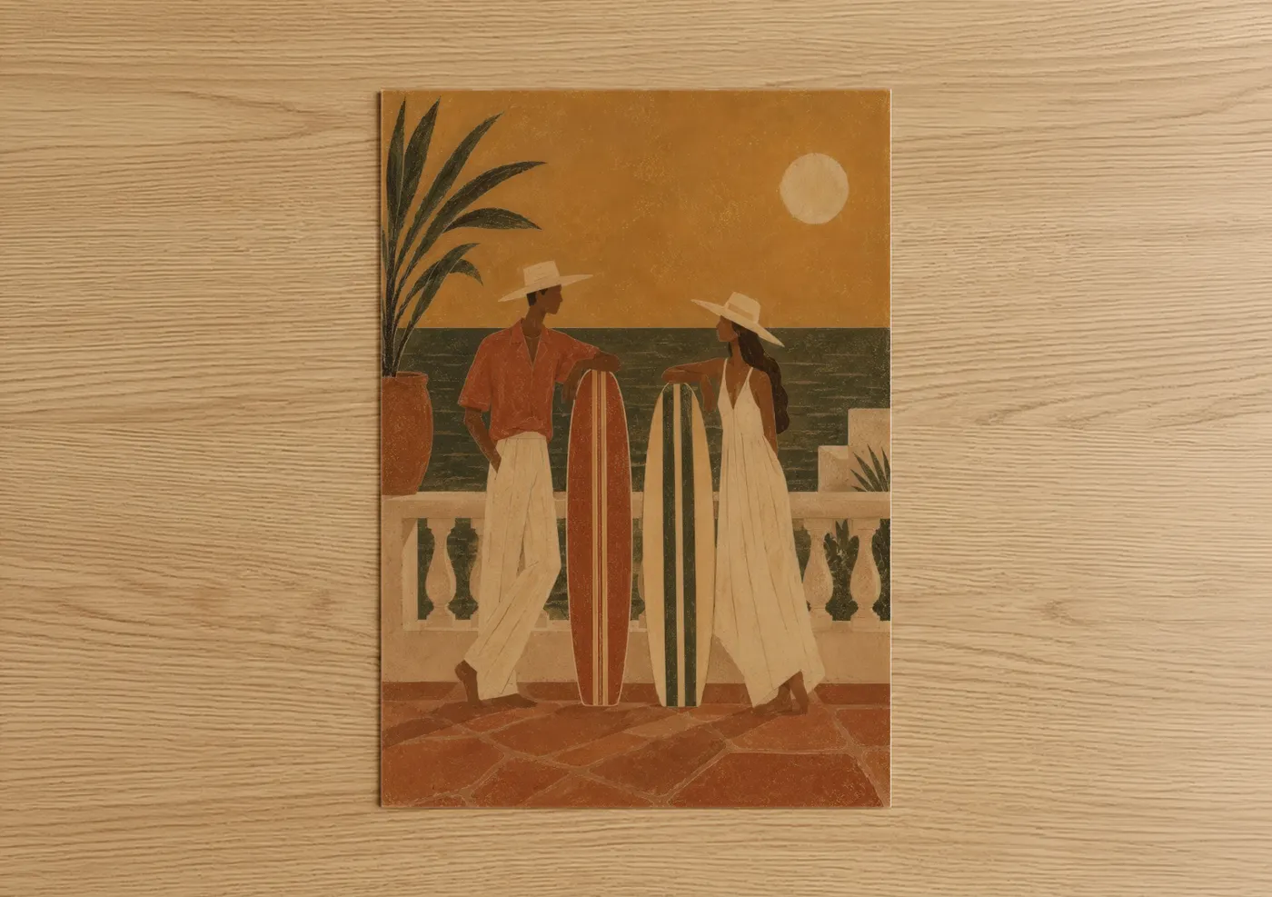 Couple art print on warm oak wood — orange and beige palette — Coastal Sunset Surfers Wall Art poster