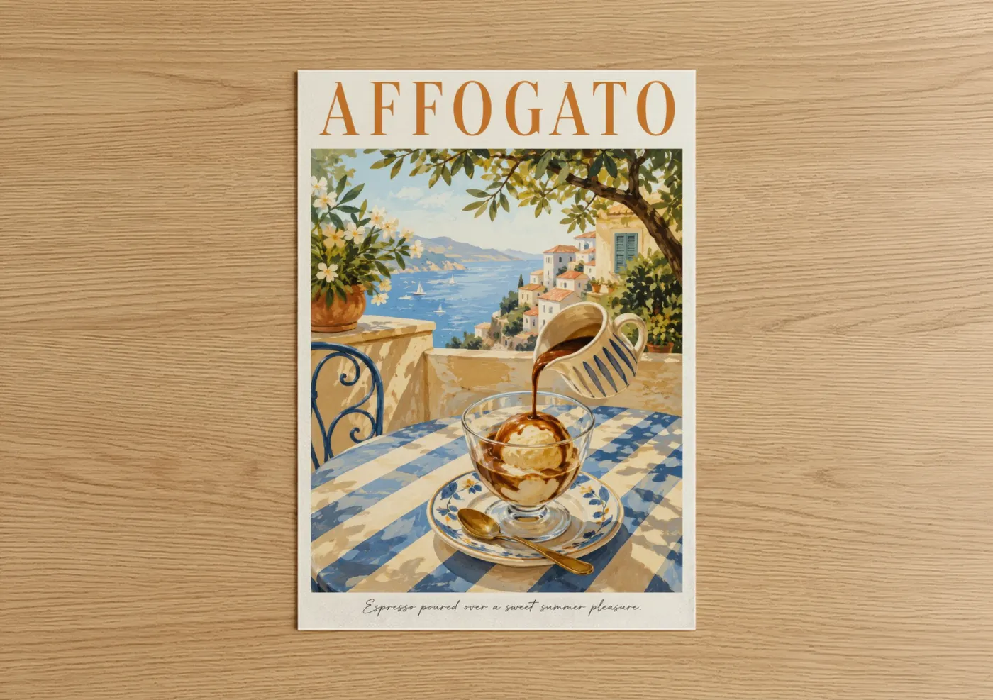 Art print on warm oak wood — blue and beige palette — Mediterranean Coastal Affogato Coffee Wall Art poster