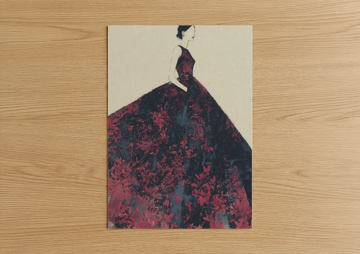 Crimson Gown Silhouette Fashion Illustration Wall Art