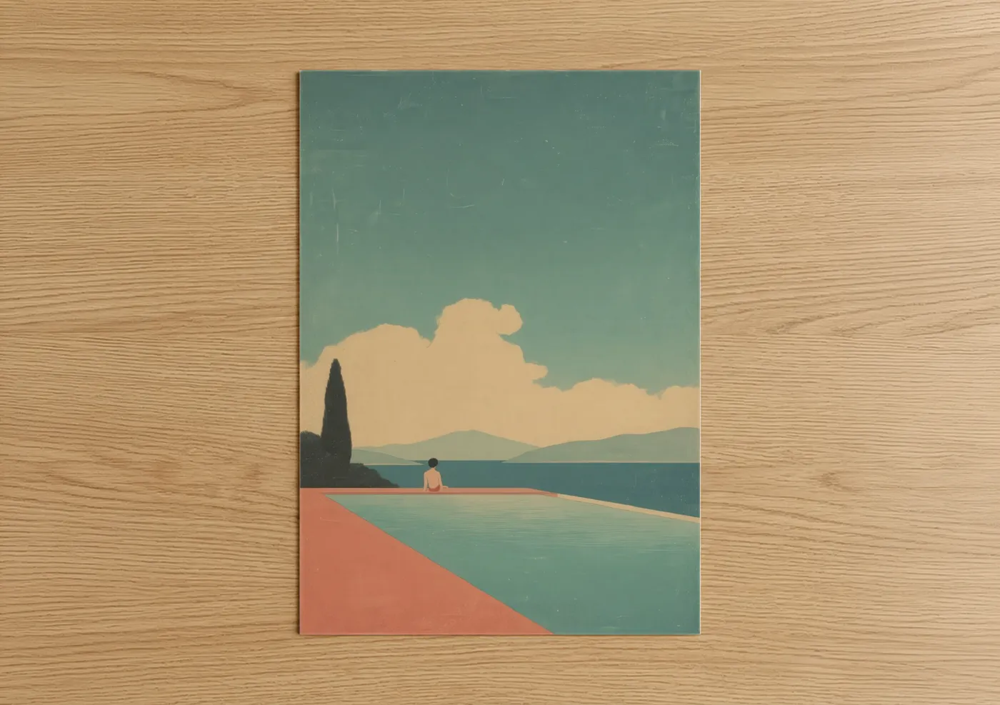 Swimming art print on warm oak wood — teal and peach palette — Lakeside Swimmer poster