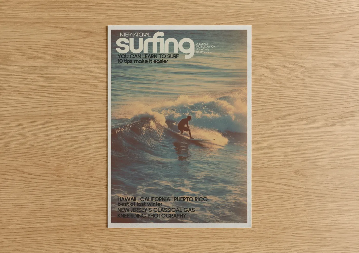 Surfing art print on warm oak wood — gold and blue and gold palette — Golden Surfer poster