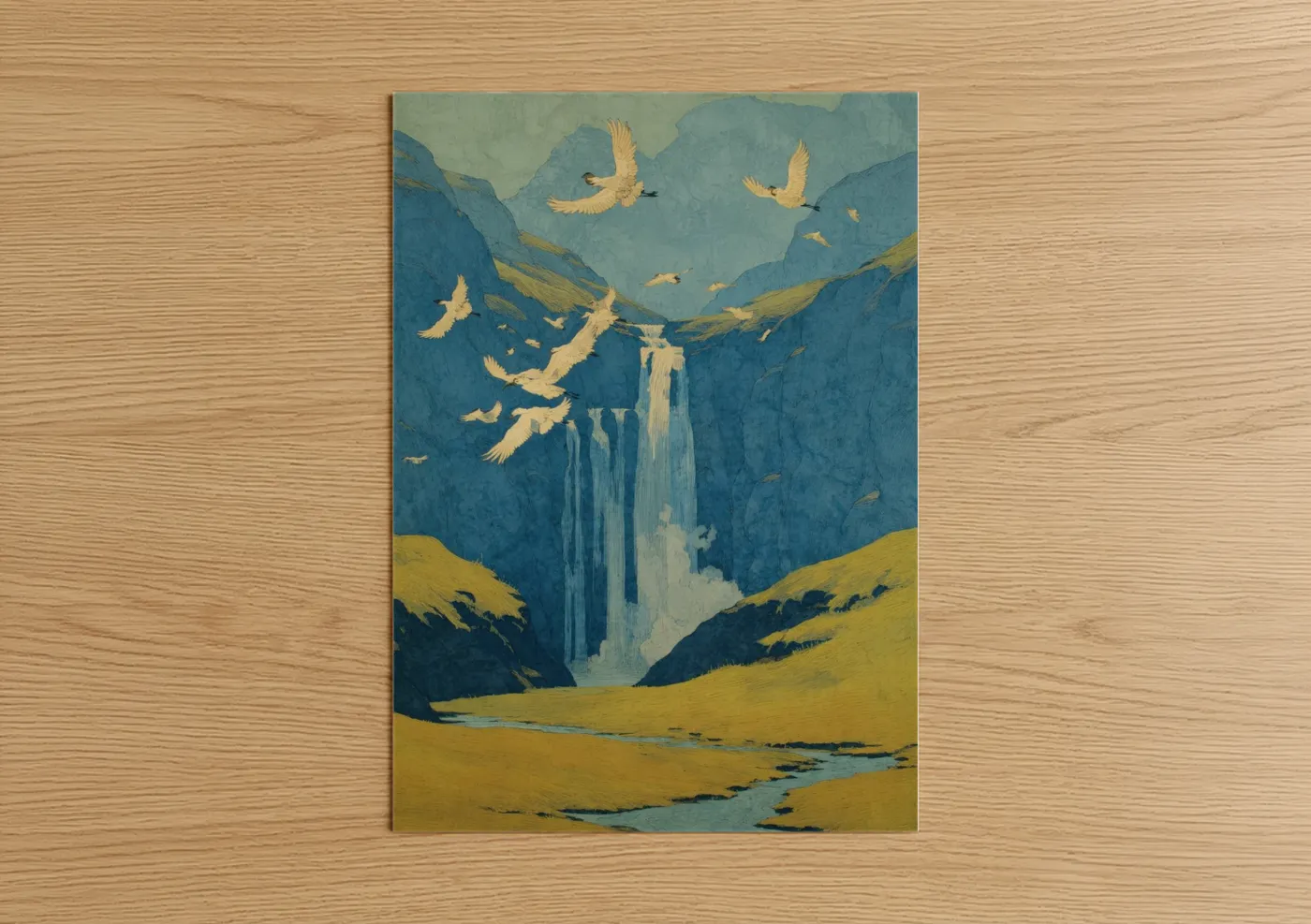 Mountain Waterfall Vista Gold Landscape Wall Art