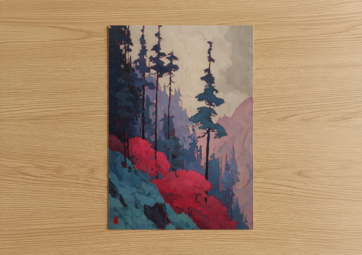 Crimson Forest Pines Landscape Wall Art