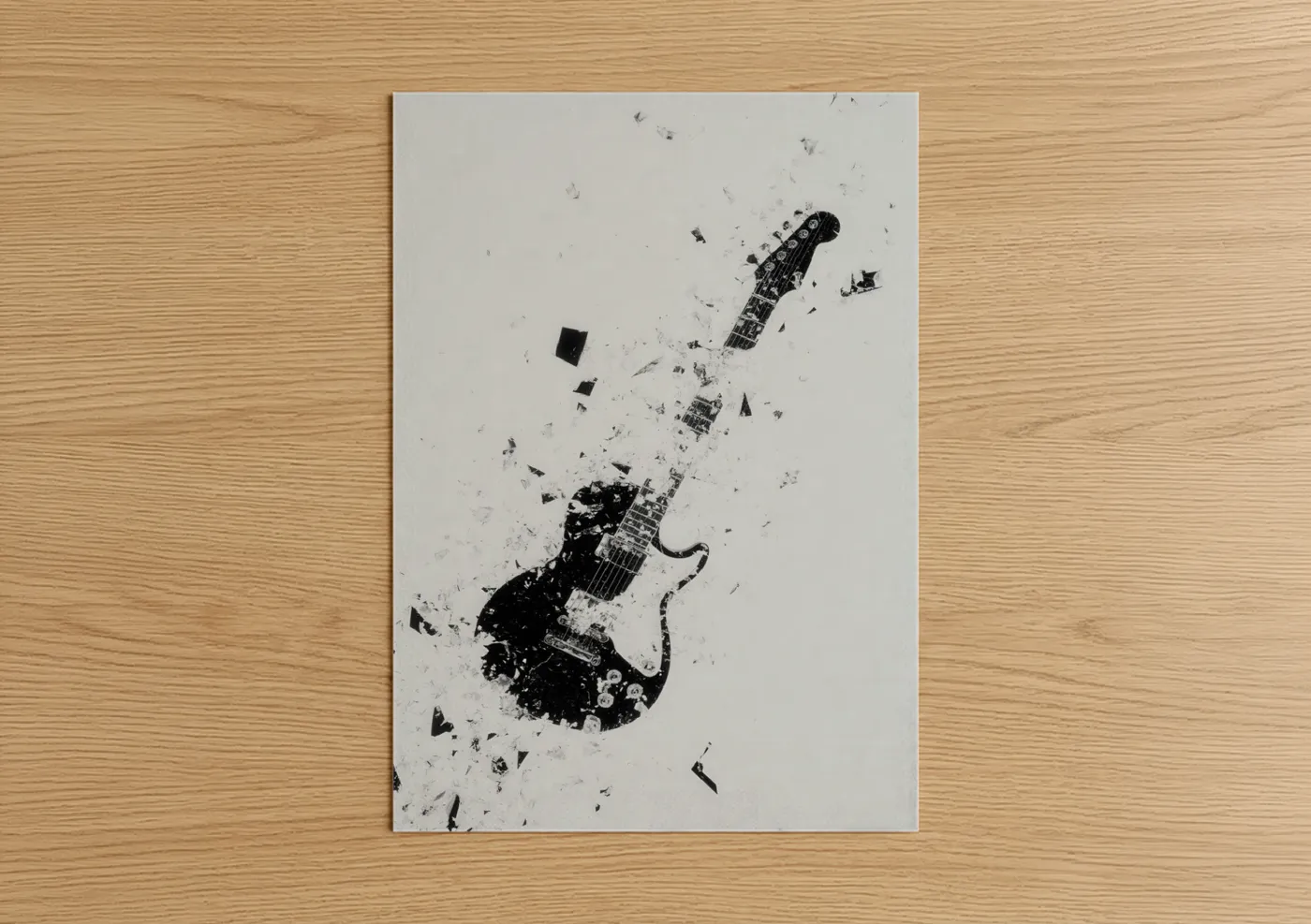 Art print on warm oak wood — black and white palette — Shattered Electric Guitar poster