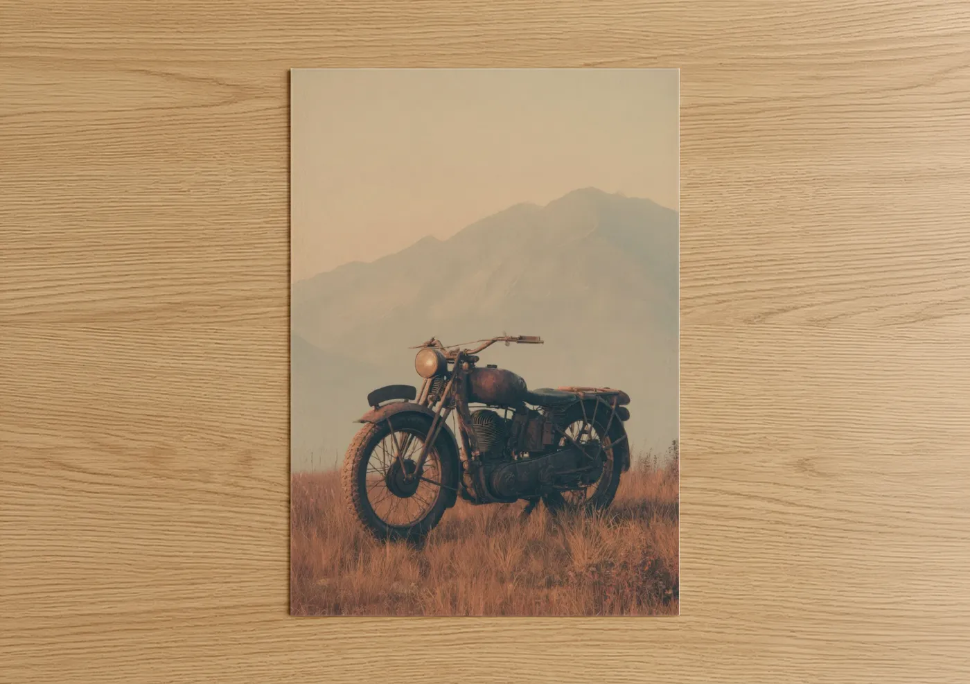 Vintage motorcycle art print on warm oak wood — russet and cream palette — Rustic Motorcycle Dawn poster