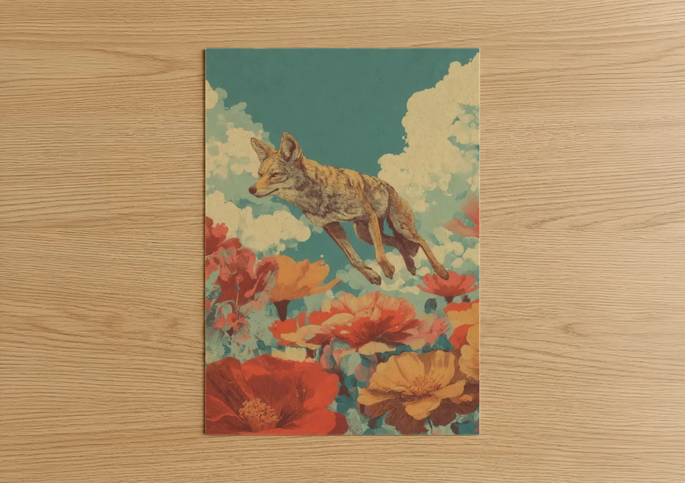 Art print on warm oak wood — teal and gold palette — Wildflower Coyote poster