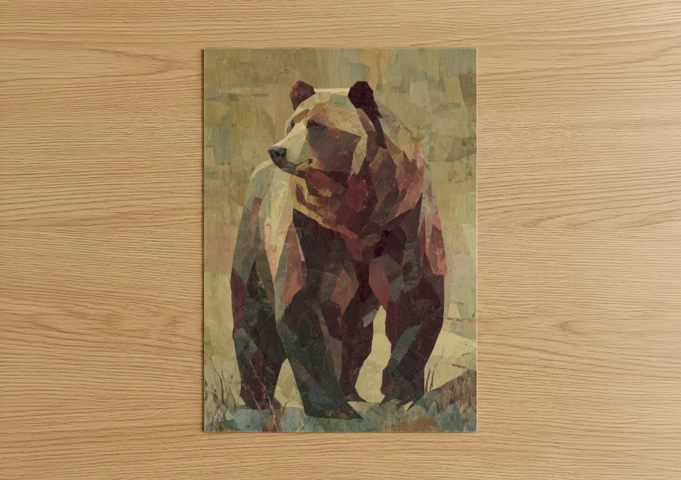 Grizzly bear art print on warm oak wood — maroon and gold palette — Geometric Grizzly poster