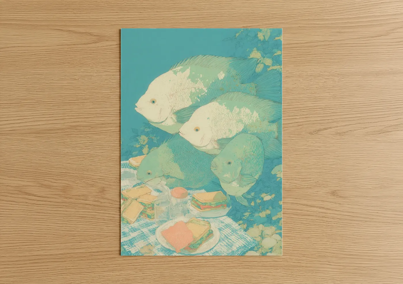 Art print on warm oak wood — aquamarine and cream palette — Picnic Discus Fish poster