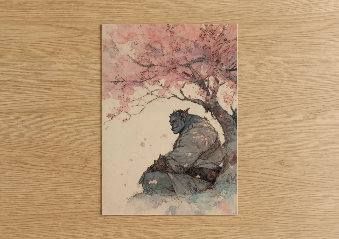 Contemplative Orc Cherry Blossom Watercolor Wall Art