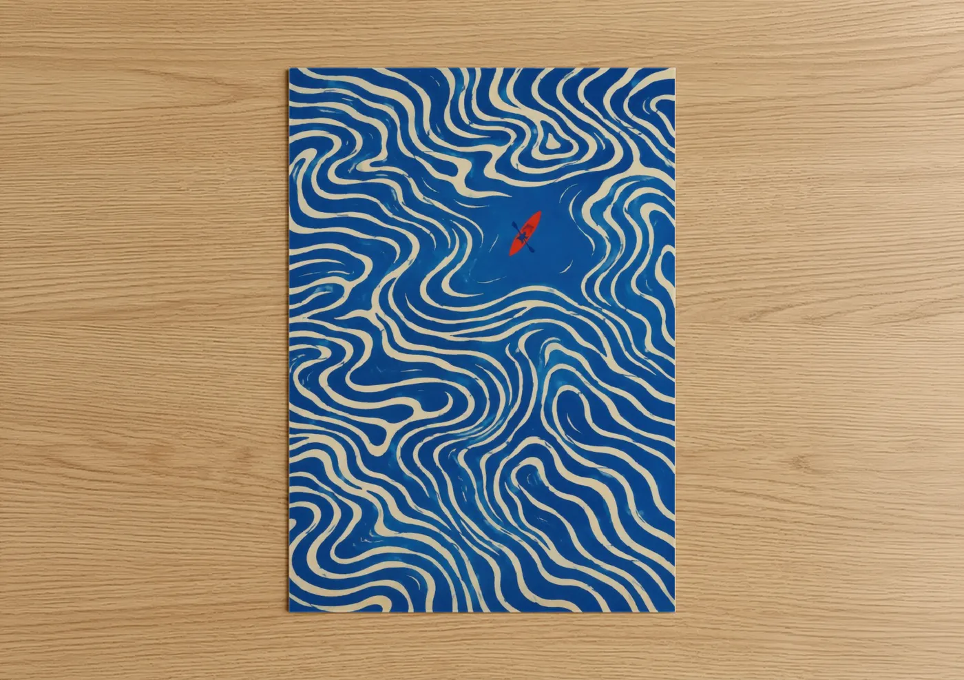 Kayaks and canoes art print on warm oak wood — blue and cream palette — Red Kayak Ocean Waves Wall Art poster