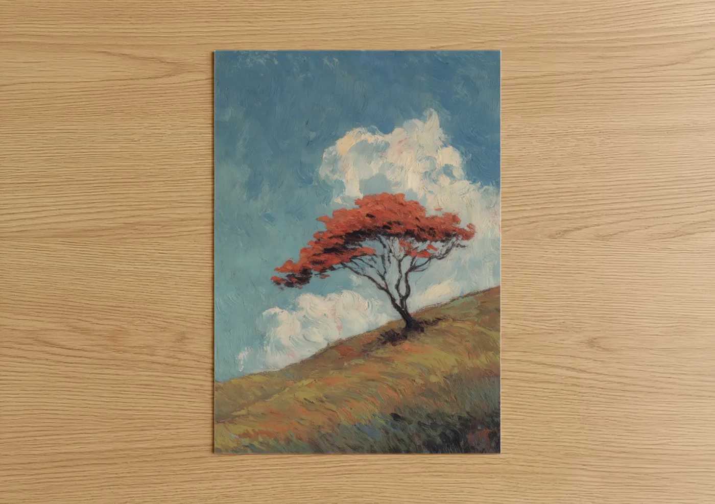 Arbutus tree art print on warm oak wood — blue and red palette — Windswept Arbutus poster