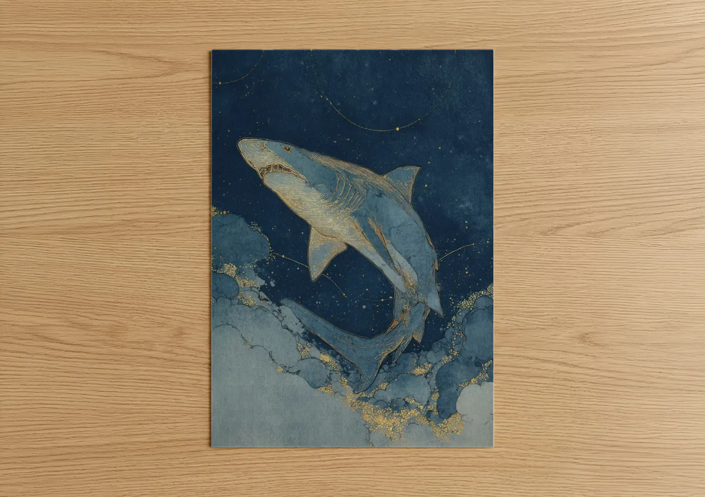 Art print on warm oak wood — dark blue and gold palette — Celestial Lemon Shark poster