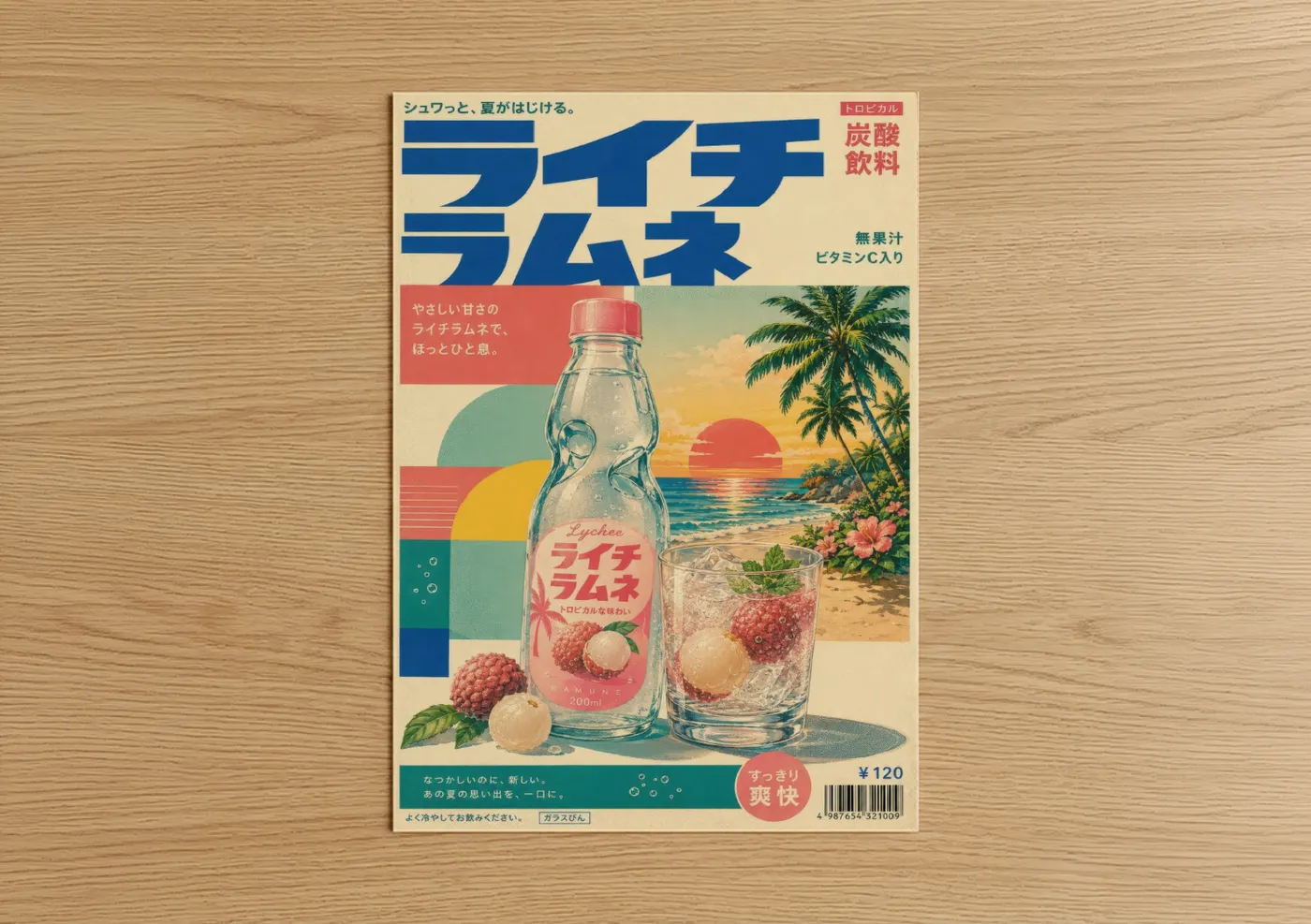Vintage japanese ads art print on warm oak wood — blue and peach palette — Vintage Japanese Lychee Soda Ad Wall Art poster