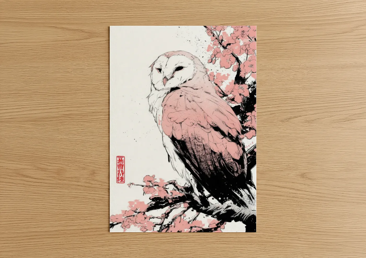 Art print on warm oak wood — peach and black and white palette — Cherry Blossom Owl poster