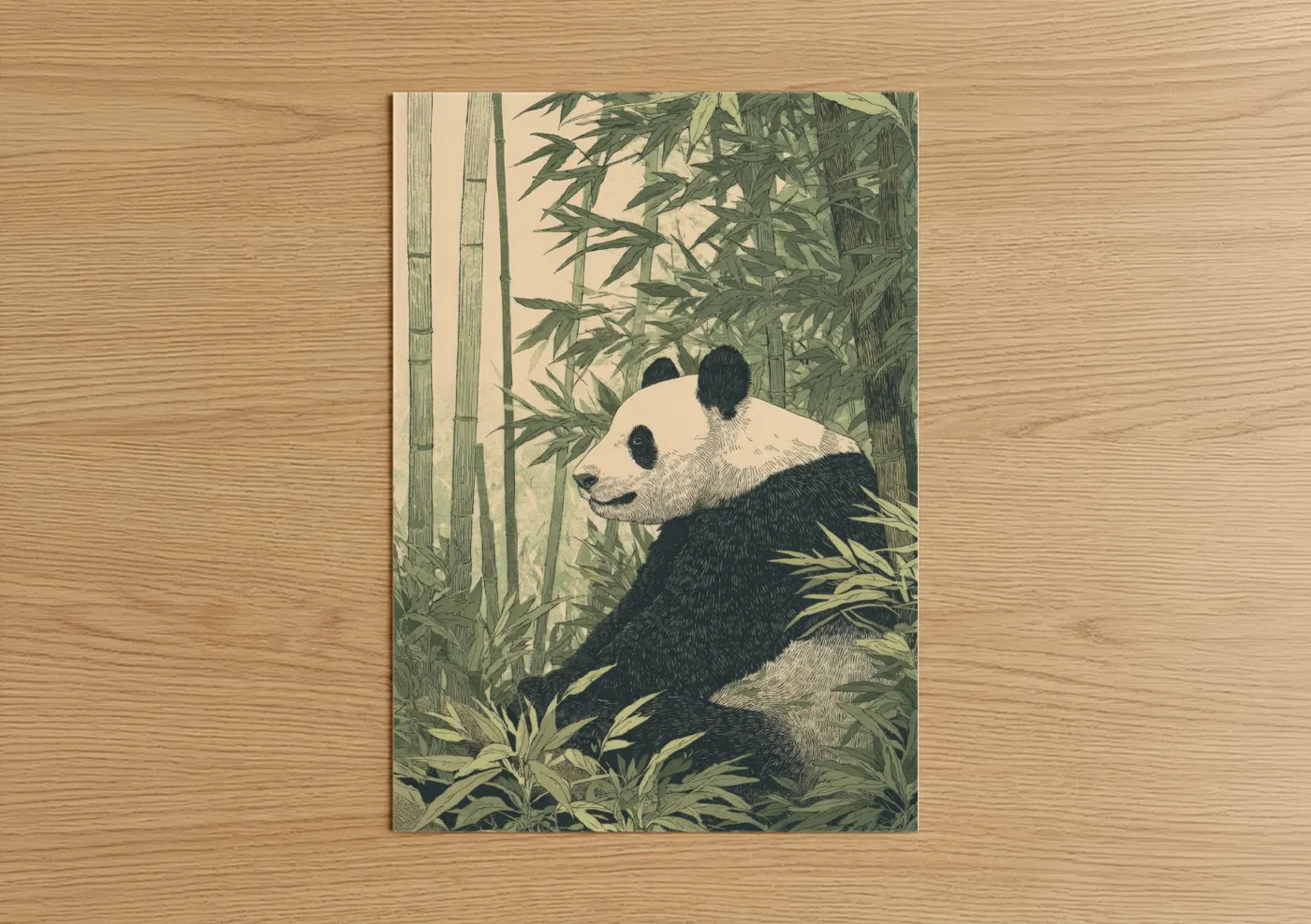 Art print on warm oak wood — green and black and white palette — Bamboo Panda poster