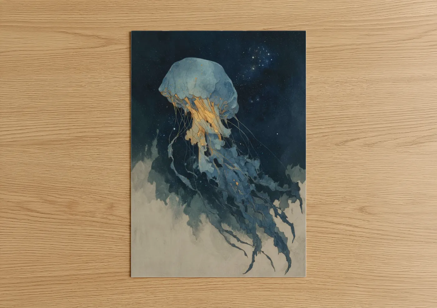 Art print on warm oak wood — blue and gold palette — Cosmic Jellyfish poster