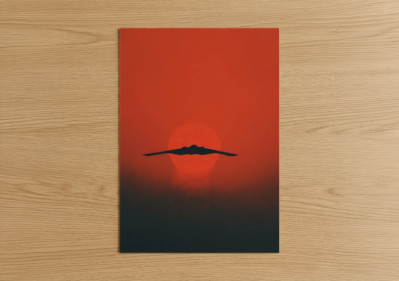 Military plane art print on warm oak wood — red and dark blue palette — Silhouette Fighter poster