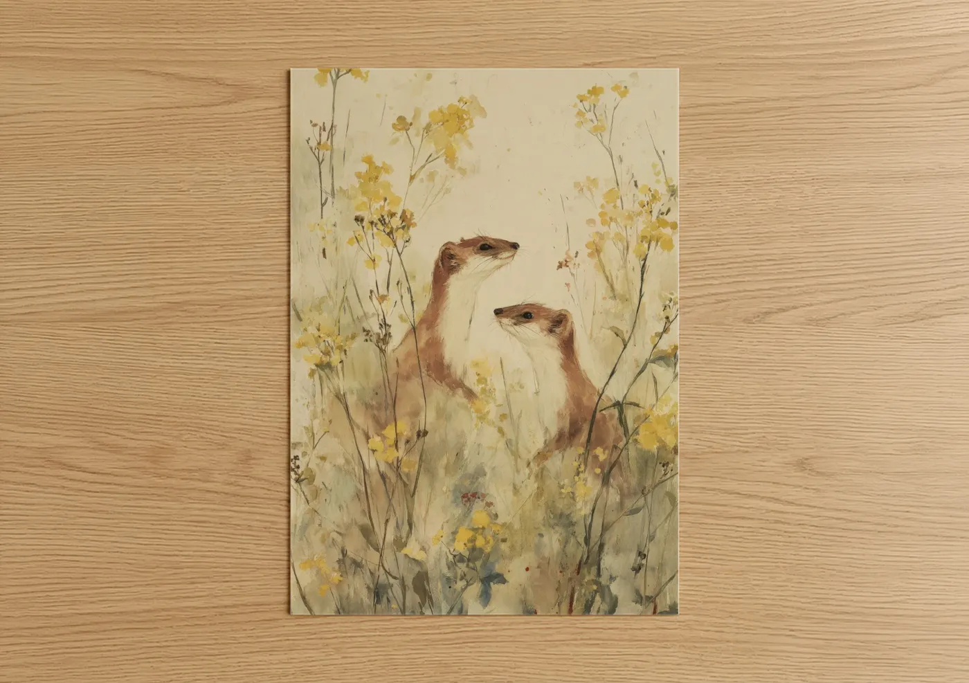 Art print on warm oak wood — gold and beige palette — Meadow Weasels poster