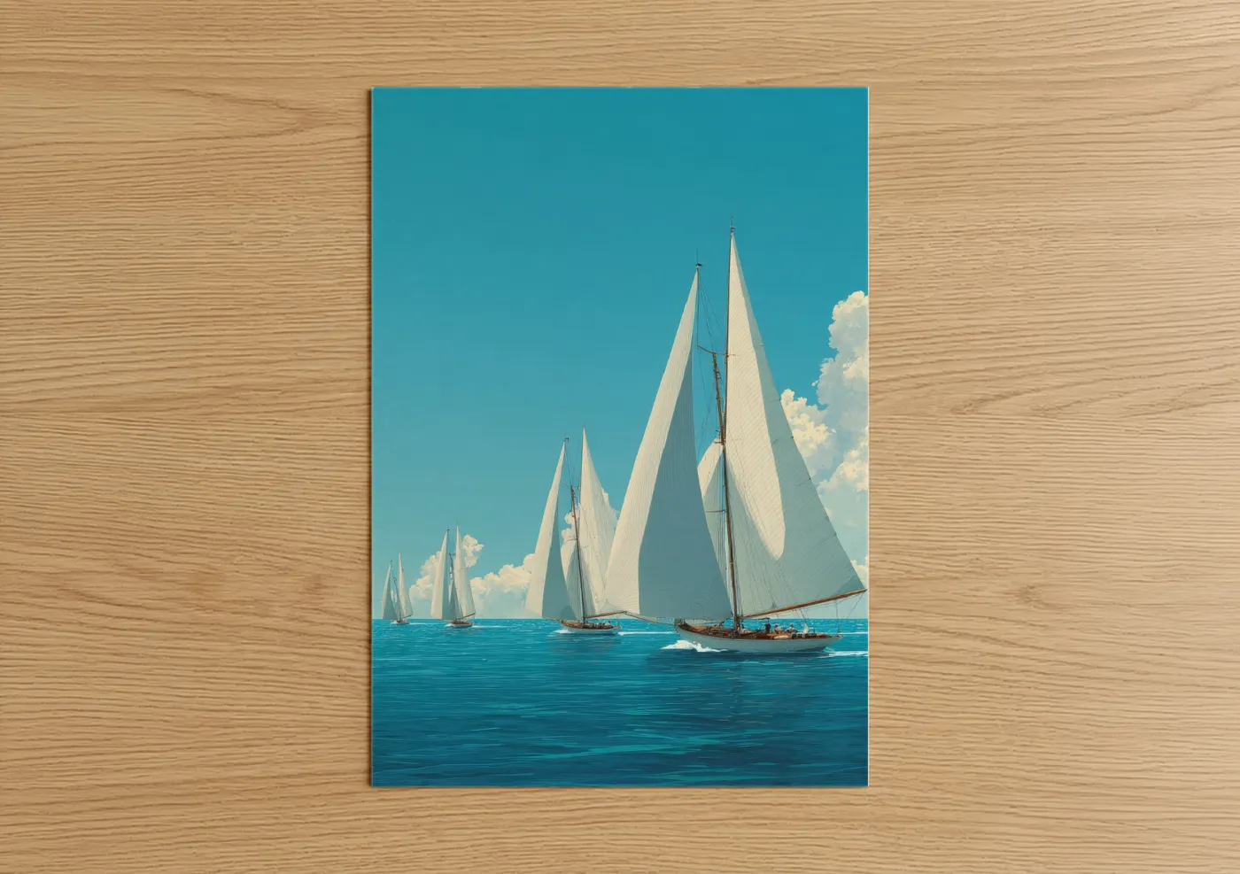 Sailing ship art print on warm oak wood — blue and white palette — Classic Sailboat Race poster