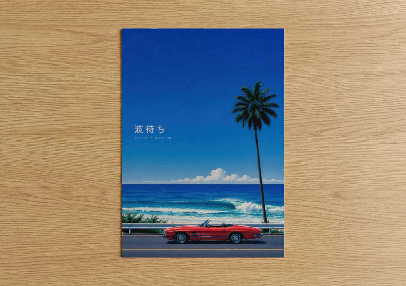 Art print on warm oak wood — blue and red palette — Coastal Palm Tree Vintage Car Wall Art poster