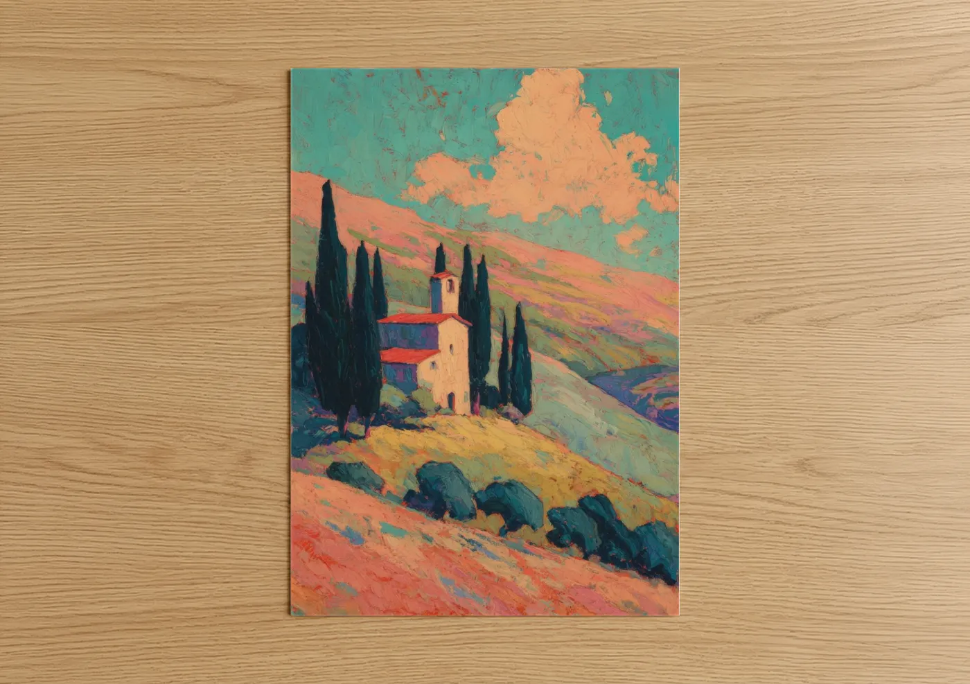 Churches and chapels art print on warm oak wood — turquoise and peach palette — Tuscan Chapel poster