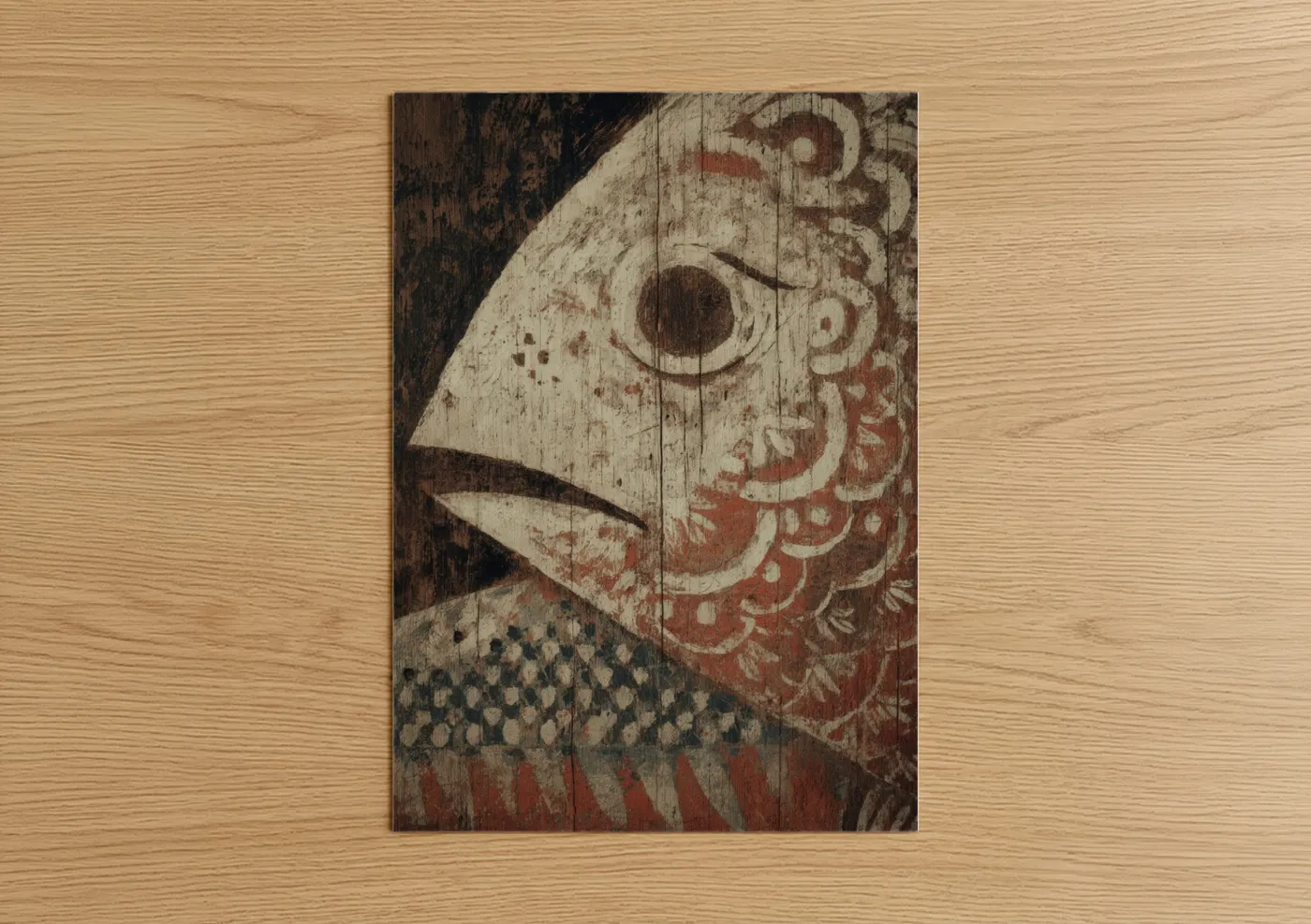 Art print on warm oak wood — russet and nobel palette — Vintage Tuna poster