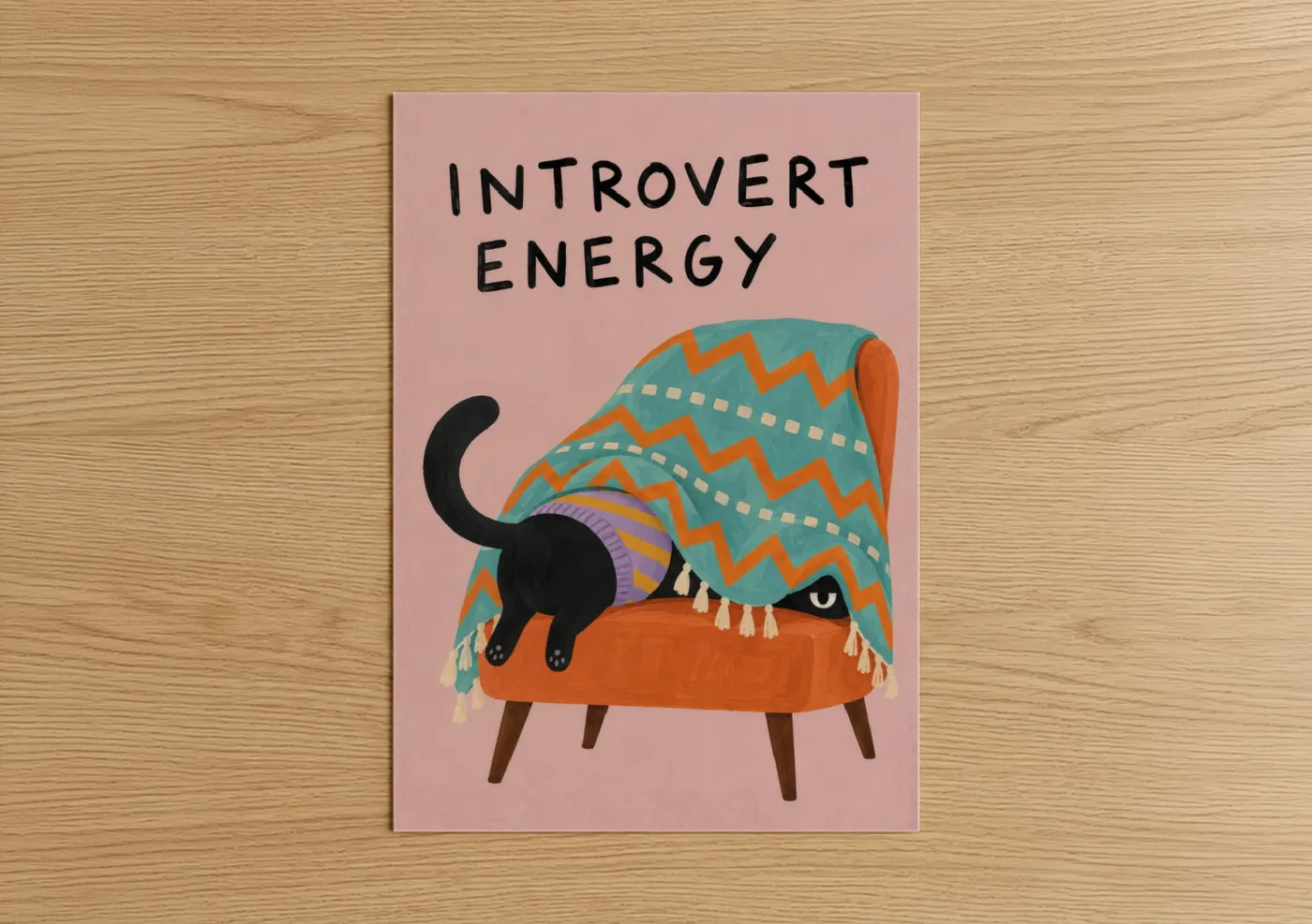 Art print on warm oak wood — teal and orange palette — Introvert Cat Hiding Under Blanket Wall Art poster
