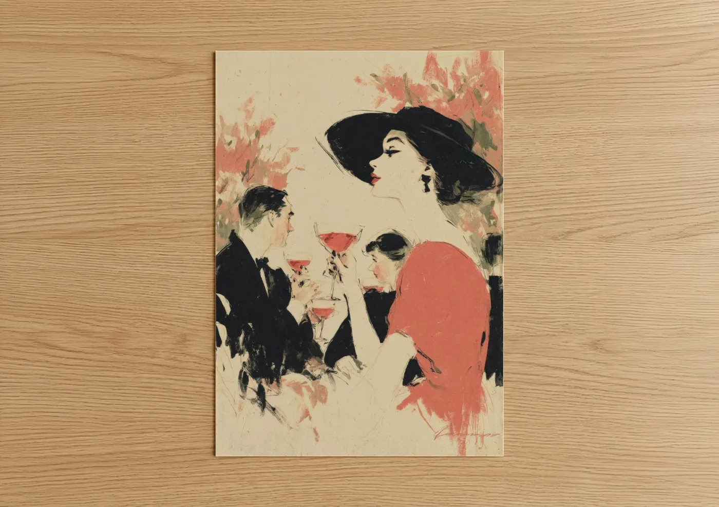 Vintage Rosé Wine Social Illustration Wall Art