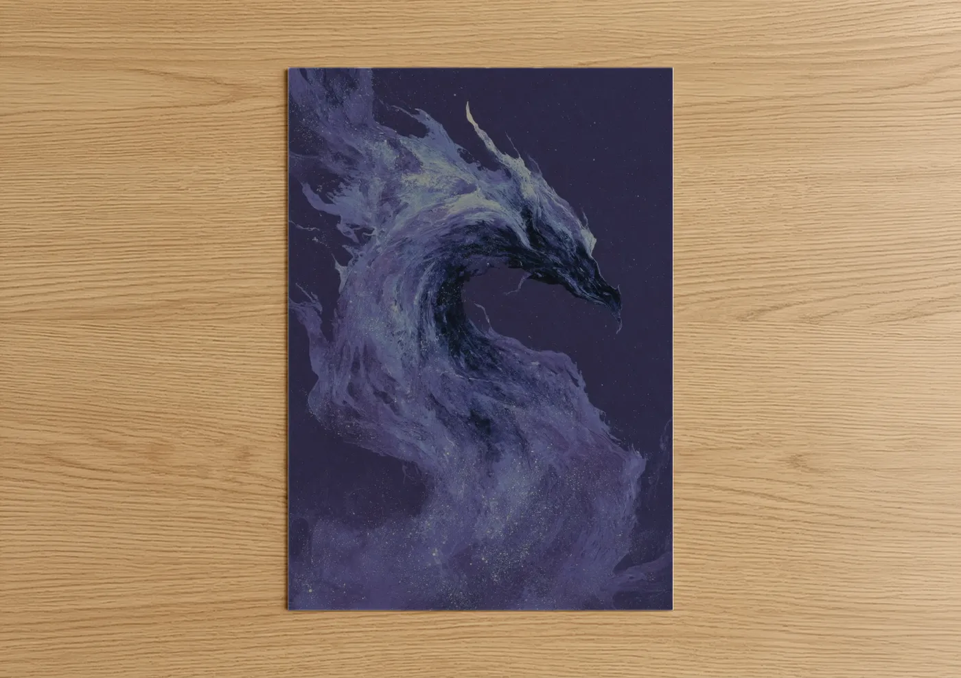 Art print on warm oak wood — purple and black palette — Cosmic Dragon poster