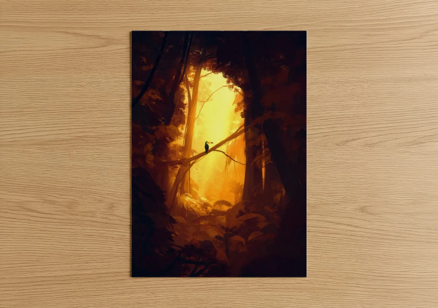 Art print on warm oak wood — gold and black palette — Golden Toucan poster