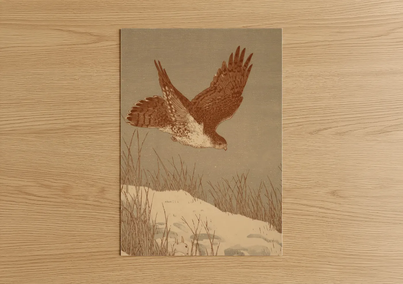 Art print on warm oak wood — champagne gold and cream palette — Hunting Hawk poster