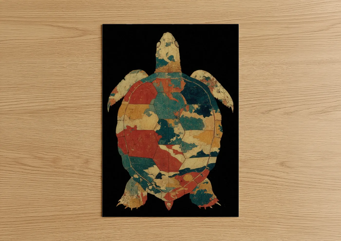 Art print on warm oak wood — gold and teal palette — Vintage Map Turtle poster