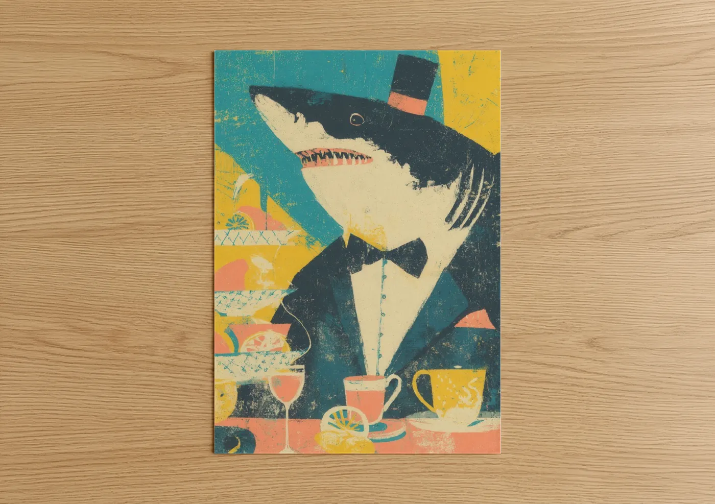 Great white shark art print on warm oak wood — teal and mustard palette — Dapper Shark poster