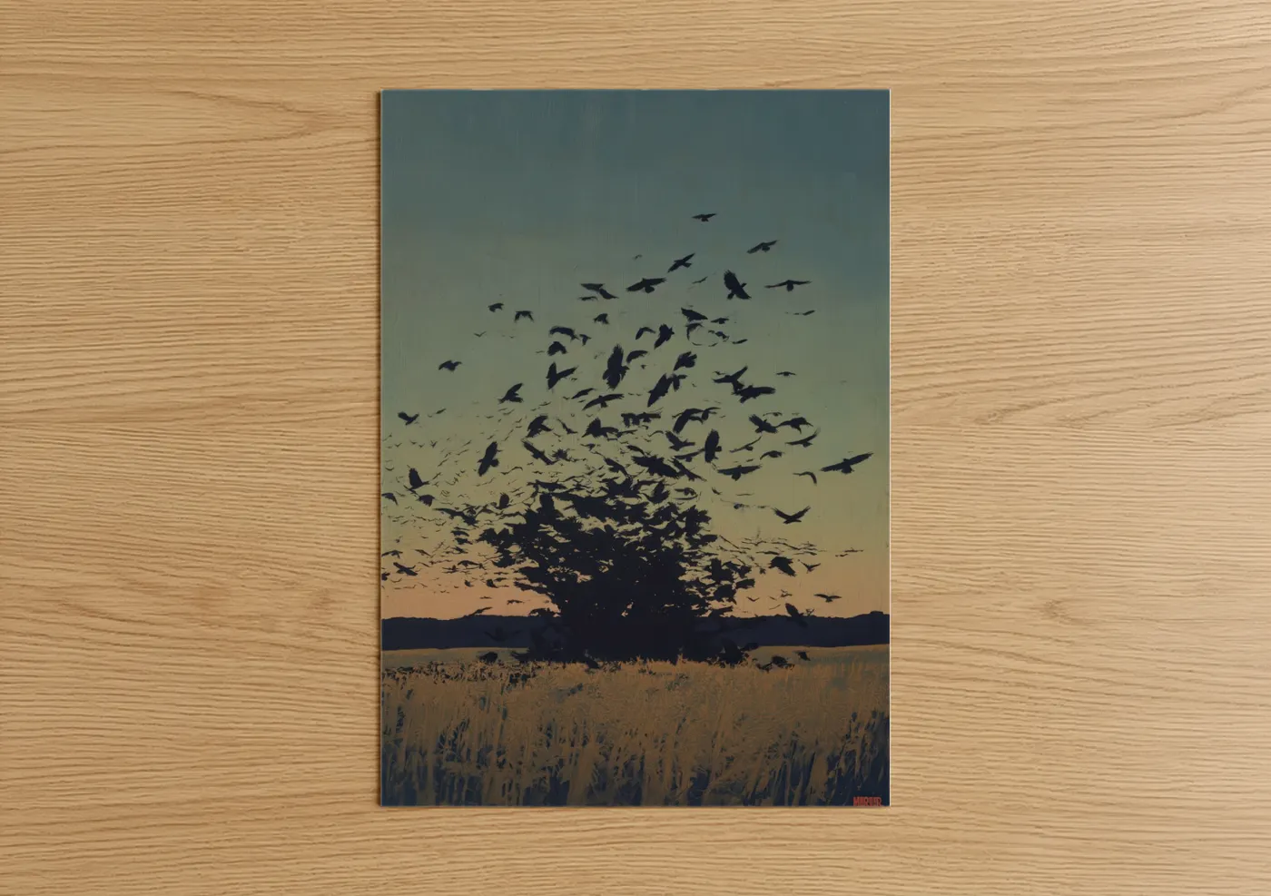 Crows and ravens art print on warm oak wood — black and gold palette — Twilight Exodus poster